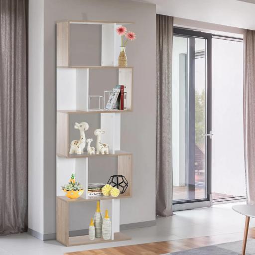 Estantería en Forma de S Alta con 5 Estantes Diseño Moderno para Salón Oficina 60x24x184,5cm Blanco y Madera [9]