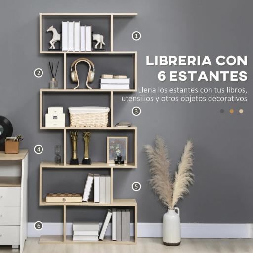 Estantería para Libros Moderna Librería con 6 Estantes para Comedor Salón Estudio 80x23x192 cm Roble [5]