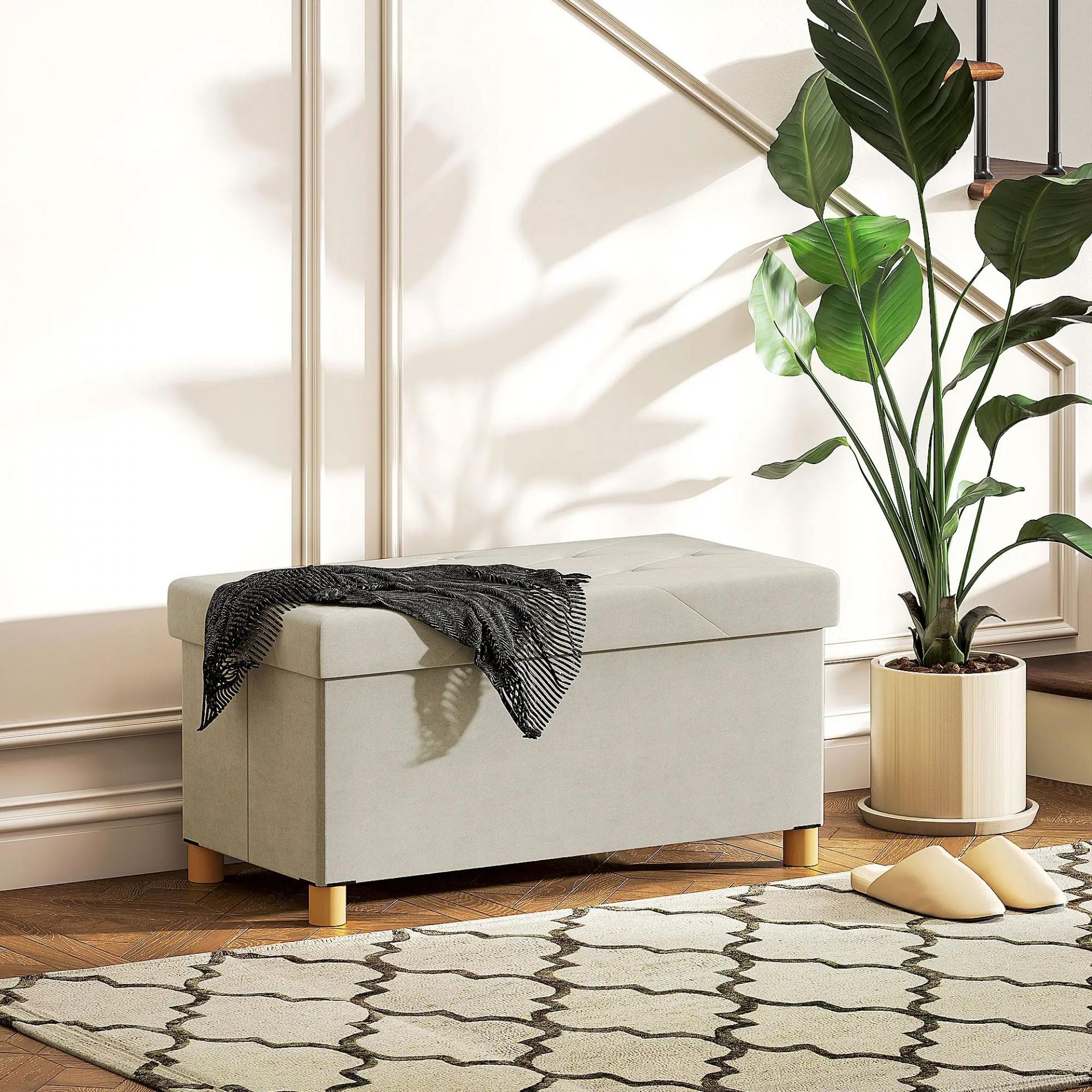 Banco Almacenaje Capacidad de 67 L 76x38x38 cm Tapizado en Terciopelo Carga 120 kg para Sala de Estar Dormitorio Crema