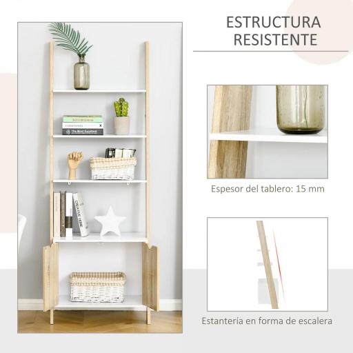 Estantería en Forma de Escalera de Madera Librería con 3 Estantes y 1 Armario de Almacenaje 60x40x171 cm Roble y Blanco [4]