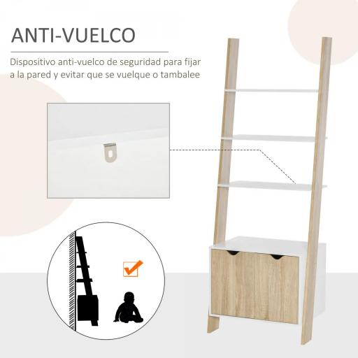 Estantería en Forma de Escalera de Madera Librería con 3 Estantes y 1 Armario de Almacenaje 60x40x171 cm Roble y Blanco [5]
