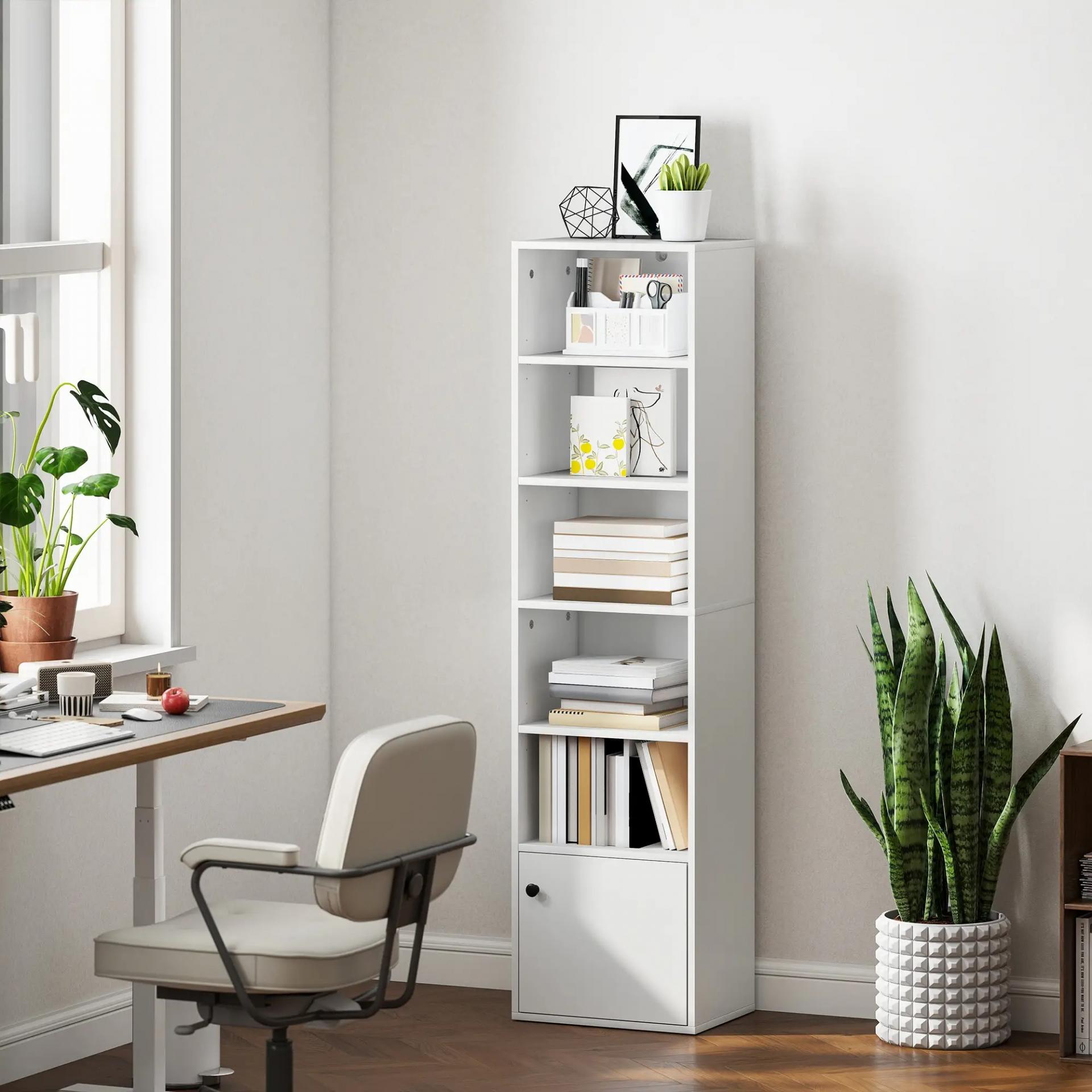 Librería de 5 Niveles Estantería para Libros Moderna con Estantes Abiertos y Puerta 40x30x156 cm Blanco