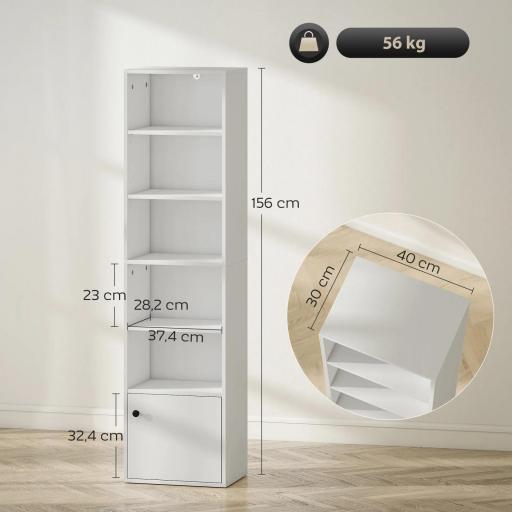 Librería de 5 Niveles Estantería para Libros Moderna con Estantes Abiertos y Puerta 40x30x156 cm Blanco [2]