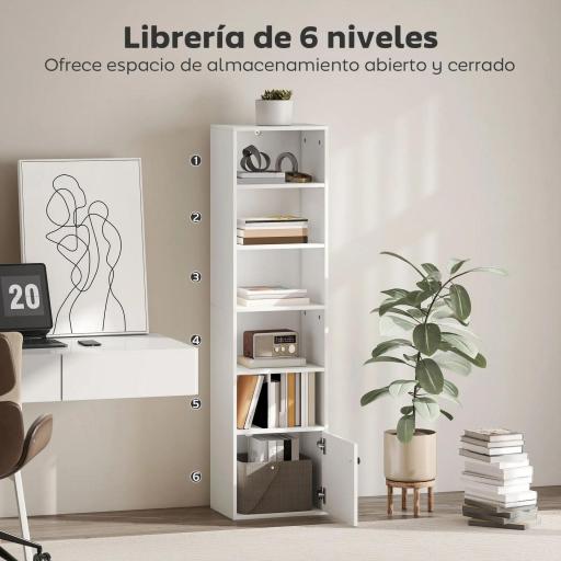 Librería de 5 Niveles Estantería para Libros Moderna con Estantes Abiertos y Puerta 40x30x156 cm Blanco [1]