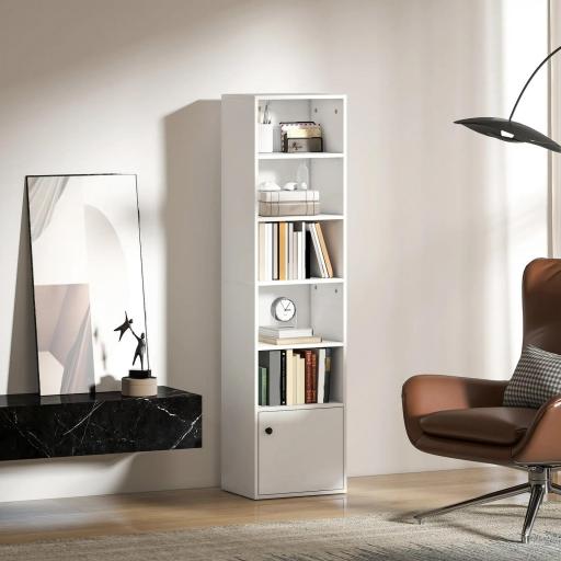 Librería de 5 Niveles Estantería para Libros Moderna con Estantes Abiertos y Puerta 40x30x156 cm Blanco [5]