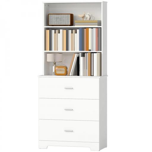 Librería de 6 Niveles con 3 Cajones 3 Estantes Abiertos Armario Alto para Salón Estudio Oficina 79x39,5x182,2 cm Blanco [9]