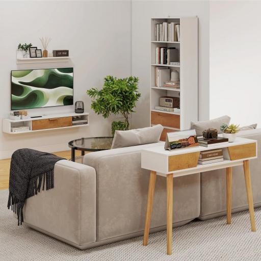 Estantería Bicolor con 4 Estantes Abiertos y 2 Cajones de Melamina con Patas de Pino 60x30x179cm Blanco y Madera Natural [3]