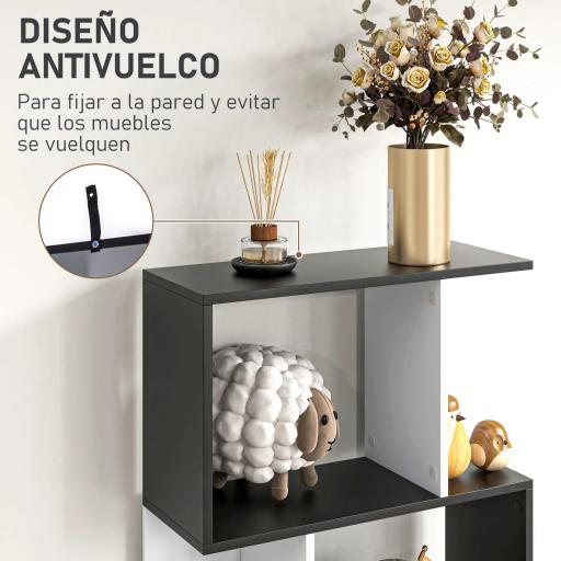 Estantería en Forma de S Alta con 5 Estantes Diseño Moderno para Salón Oficina 60x24x184,5cm Blanco y Negro [4]