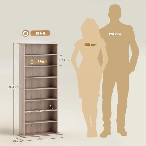 Estantería para CDs y DVDs Estrecha con 8 Compartimentos Estantes Ajustables 58x24x126,3 cm Madera Natural [1]