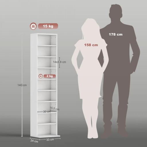 Estantería para CDs y DVDs con Estantes Ajustables Diseño Estrecho y Sistema Antivuelco para 260 CDs 33x24x140 cm Blanco [3]