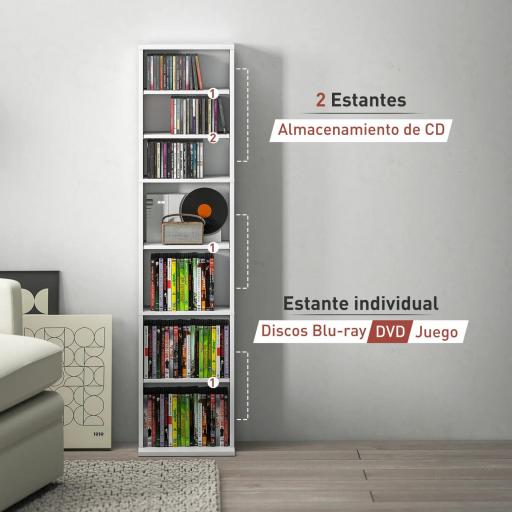 Estantería para CDs y DVDs con Estantes Ajustables Diseño Estrecho y Sistema Antivuelco para 260 CDs 33x24x140 cm Blanco [6]