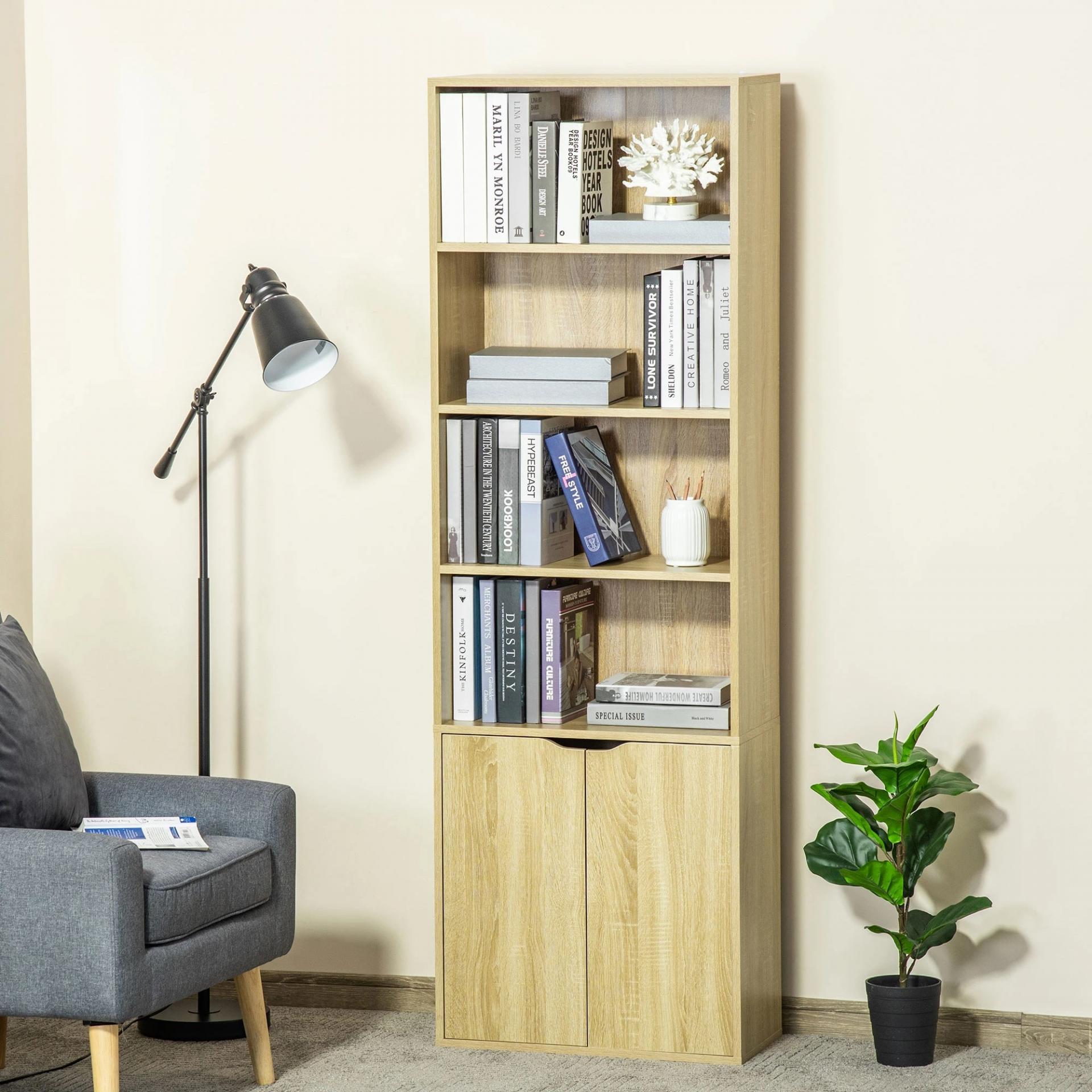 Estantería Librería Armario de Libros con 4 Compartimentos Abiertos y 2 Puertas para Salón Oficina 59x29x180 cm Natural