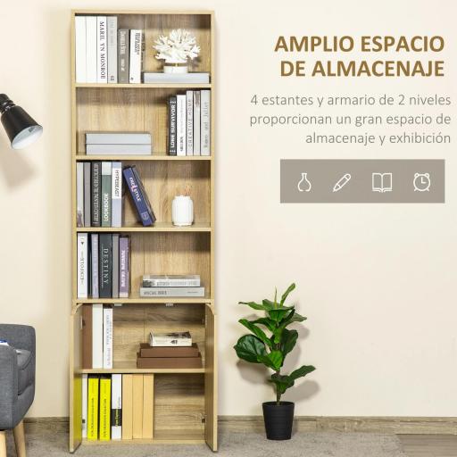 Estantería Librería Armario de Libros con 4 Compartimentos Abiertos y 2 Puertas para Salón Oficina 59x29x180 cm Natural [2]
