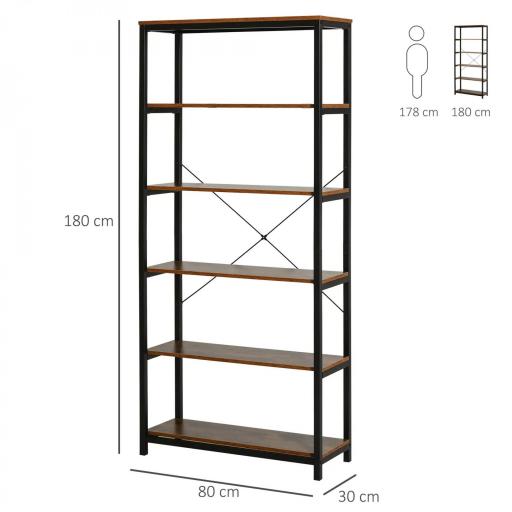 Estantería Estilo Industrial Retro con 6 Estantes Abiertos para Libros y sistema Antivuelco Almacenaje para Salón Oficina 80x30x180 cm Marrón Rústico [1]