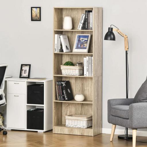 Librería Estantería de 5 Niveles para Libros con 3 Baldas Ajustables Antivuelco Almacenaje para Salón Oficina Estudio 63x29,5x176 cm Madera Natural