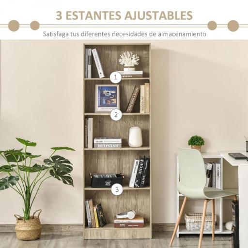 Librería Estantería de 5 Niveles para Libros con 3 Baldas Ajustables Antivuelco Almacenaje para Salón Oficina Estudio 63x29,5x176 cm Madera Natural [2]