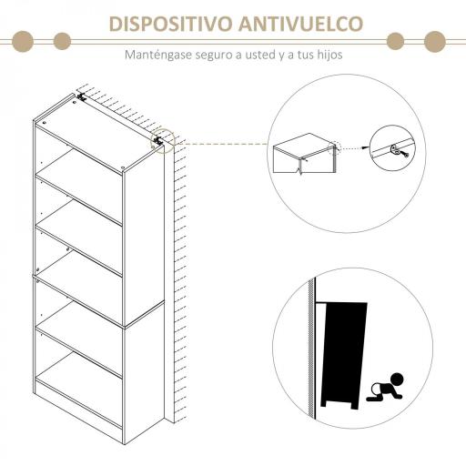 Librería Estantería de 5 Niveles para Libros con 3 Baldas Ajustables Antivuelco Almacenaje para Salón Oficina Estudio 63x29,5x176 cm Madera Natural [3]