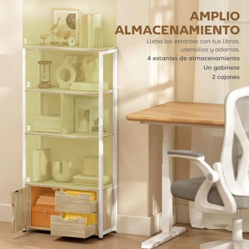 Librería Estantería para Libros con Estantes Cajones y Puerta 58x24x122 cm Estilo Industrial Blanco y Madera Natural [2]