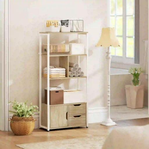 Librería Estantería para Libros con Estantes Cajones y Puerta 58x24x122 cm Estilo Industrial Blanco y Madera Natural [5]