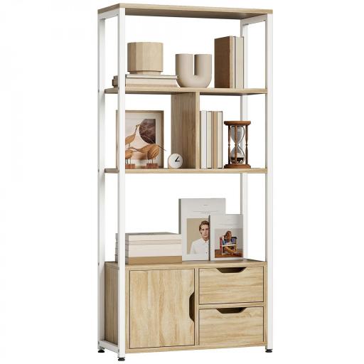 Librería Estantería para Libros con Estantes Cajones y Puerta 58x24x122 cm Estilo Industrial Blanco y Madera Natural [8]