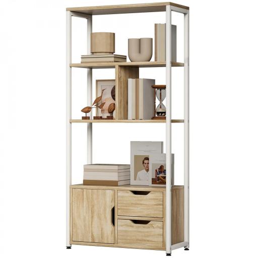 Librería Estantería para Libros con Estantes Cajones y Puerta 58x24x122 cm Estilo Industrial Blanco y Madera Natural [9]
