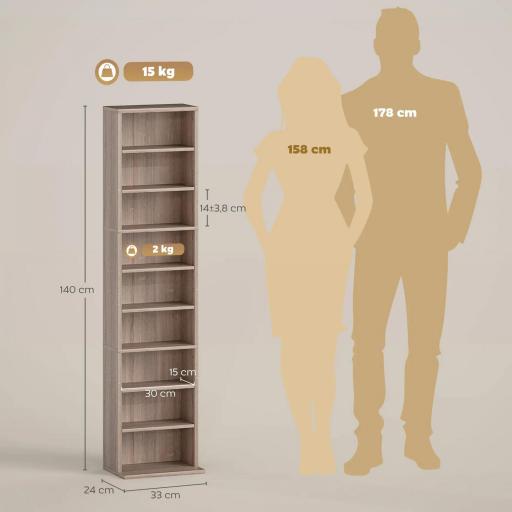 Estantería para CDs y DVDs con Estantes Ajustables Diseño Estrecho y Antivuelco para 260 CDs 33x24x140 cm Madera Natural [1]