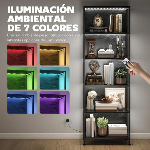 Librería de 5 Niveles con Luces LED de 7 Colores Estantería para Libros 60x30x179 cm Estantería Industrial Negro [6]