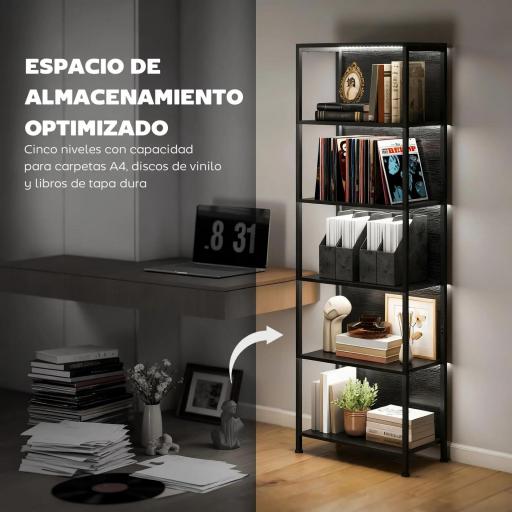 Librería de 5 Niveles con Luces LED de 7 Colores Estantería para Libros 60x30x179 cm Estantería Industrial Negro [5]