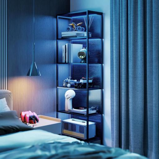 Librería de 5 Niveles con Luces LED de 7 Colores Estantería para Libros 60x30x179 cm Estantería Industrial Negro [4]