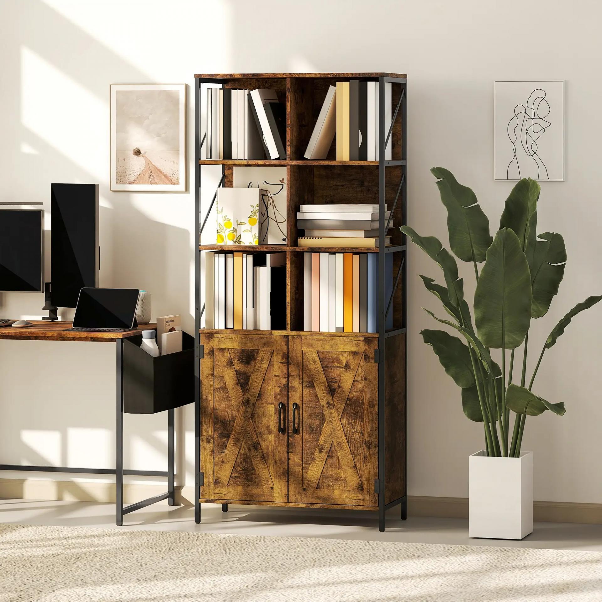 Estantería de Libros con 6 Compartimentos Abiertos y Estante Ajustable para Salón Oficina 75x34x172 cm Marrón Rústico
