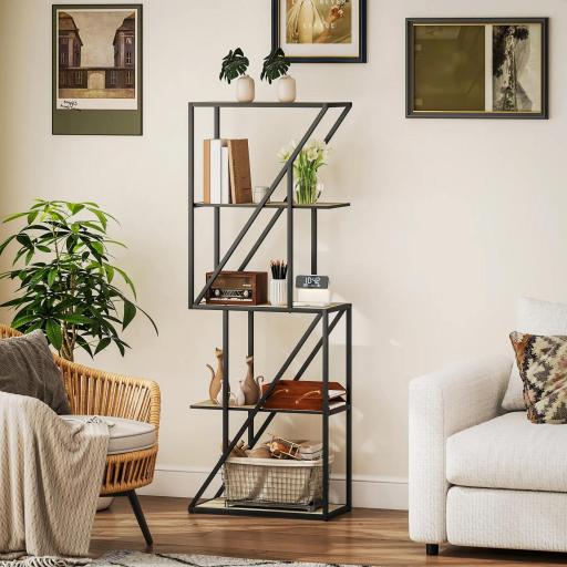 Librería de 5 Niveles Estantería para Libros Industrial con Estantes Abiertos y Marco de Acero 60x30x165 cm Roble [3]