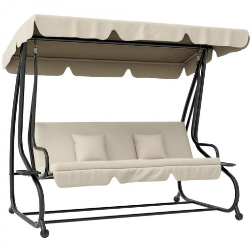 Balancín de Jardín Exterior de 3 Plazas Convertible en Cama con Toldo Ajustable y 2 Almohadas Carga 340 kg Crema [10]