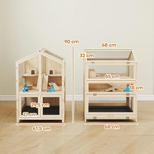 Jaula para Hámster de Madera de 3 Niveles con Bebederos Casetas Balancines Bandeja Extraíble y Tapas Abatibles Natural [1]