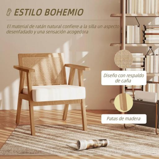 Sillón de Salón con Reposabrazos Respaldo de Ratán y Marco de Madera de Caucho Carga 120 kg Natural y Beige [2]