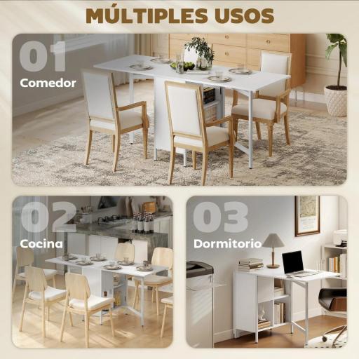Mesa Plegable de Comedor con Alas Abatibles 4 Compartimentos 3 Formas para Cocina Salón 169x60x75 cm Blanco [3]
