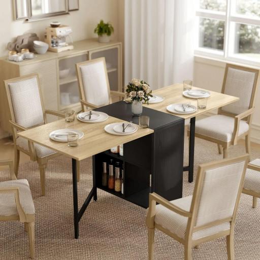 Mesa Plegable de Comedor con Alas Abatibles 4 Compartimentos 3 Formas para Cocina Salón 169x60x75 cm Natural Oscuro