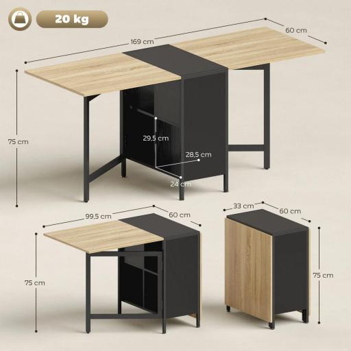 Mesa Plegable de Comedor con Alas Abatibles 4 Compartimentos 3 Formas para Cocina Salón 169x60x75 cm Natural Oscuro [2]