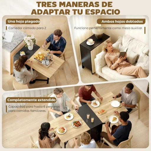 Mesa Plegable de Comedor con Alas Abatibles 4 Compartimentos 3 Formas para Cocina Salón 169x60x75 cm Natural Oscuro [6]