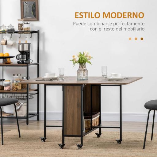 Mesa de Cocina Plegable con Ruedas Alas Abatibles y Estante Mesa Plegable para Salón 130x80x74 cm Marrón [4]
