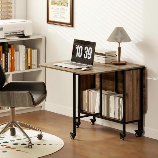 Mesa de Cocina Plegable con Ruedas Alas Abatibles y Estante Mesa Plegable para Salón 130x80x74 cm Marrón [6]