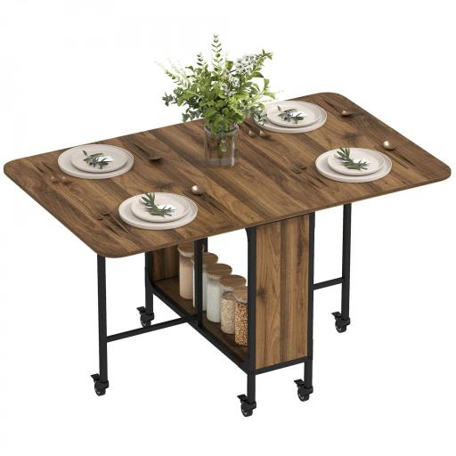 Mesa de Cocina Plegable con Ruedas Alas Abatibles y Estante Mesa Plegable para Salón 130x80x74 cm Marrón [8]