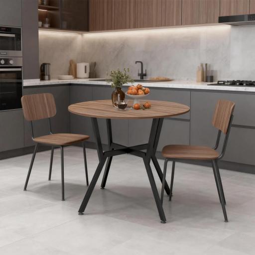 Mesa de Comedor Redonda de Estilo Industrial con Encimera de Madera y Marco de Acero Ø90x76 cm Marrón [3]