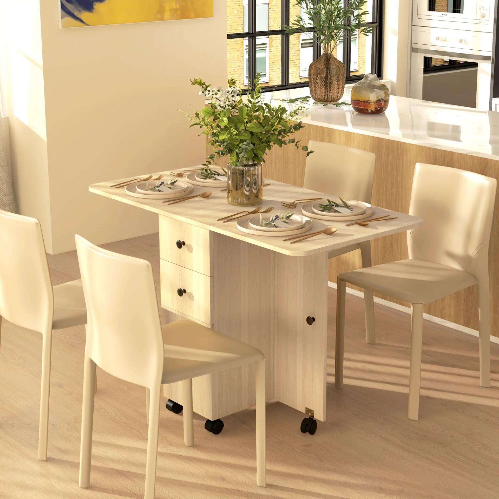 Mesa Plegable con Ruedas y Alas Abatibles Mesa Auxiliar Multifuncional con Almacenaje 120x60x76,5 cm Natural
