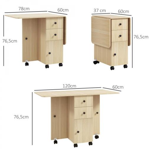 Mesa Plegable con Ruedas y Alas Abatibles Mesa Auxiliar Multifuncional con Almacenaje 120x60x76,5 cm Natural [1]