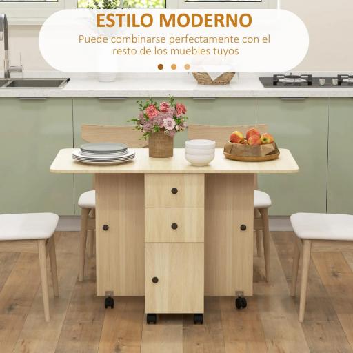 Mesa Plegable con Ruedas y Alas Abatibles Mesa Auxiliar Multifuncional con Almacenaje 120x60x76,5 cm Natural [3]