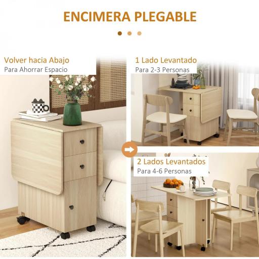 Mesa Plegable con Ruedas y Alas Abatibles Mesa Auxiliar Multifuncional con Almacenaje 120x60x76,5 cm Natural [4]