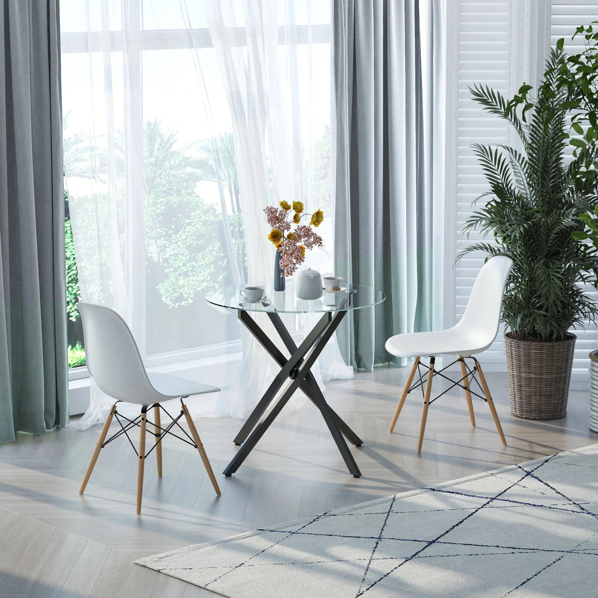 Mesa de Comedor Redonda con Encimera de Cristal Templado Transparente y Patas Cruzadas de Metal Mesa de Centro Moderna para Salón Ø80x75 cm Negroo