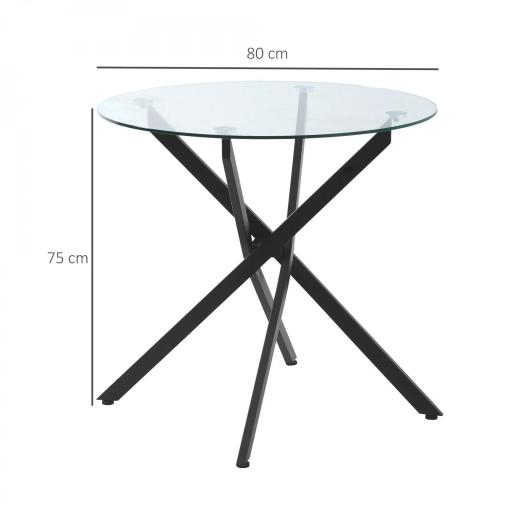 Mesa de Comedor Redonda con Encimera de Cristal Templado Transparente y Patas Cruzadas de Metal Mesa de Centro Moderna para Salón Ø80x75 cm Negroo [1]