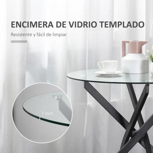 Mesa de Comedor Redonda con Encimera de Cristal Templado Transparente y Patas Cruzadas de Metal Mesa de Centro Moderna para Salón Ø80x75 cm Negroo [3]