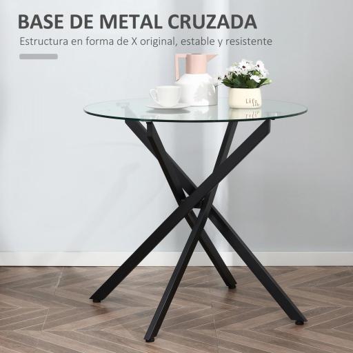 Mesa de Comedor Redonda con Encimera de Cristal Templado Transparente y Patas Cruzadas de Metal Mesa de Centro Moderna para Salón Ø80x75 cm Negroo [5]